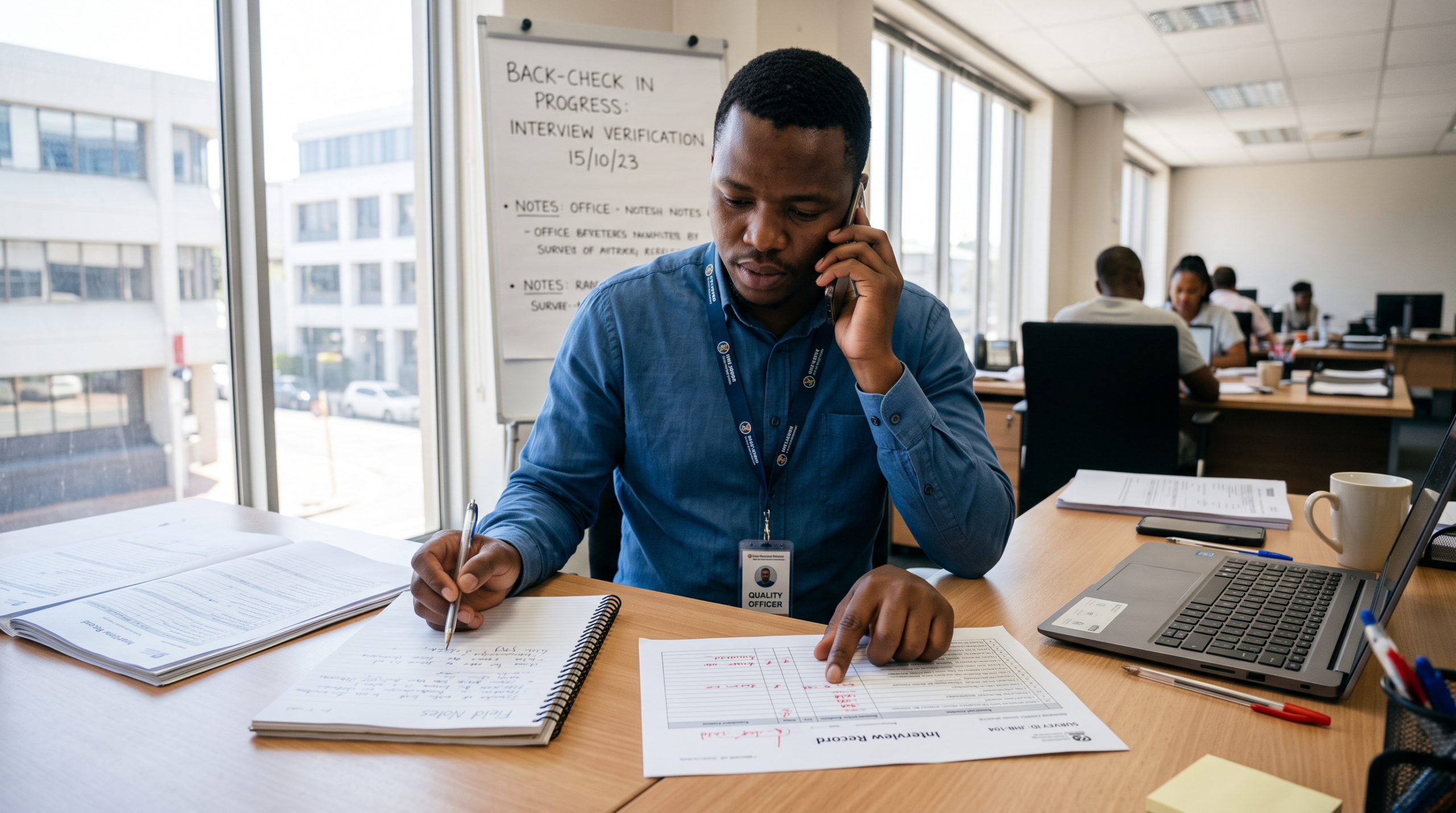 Fieldwork QA officer verifying a completed interview by phone