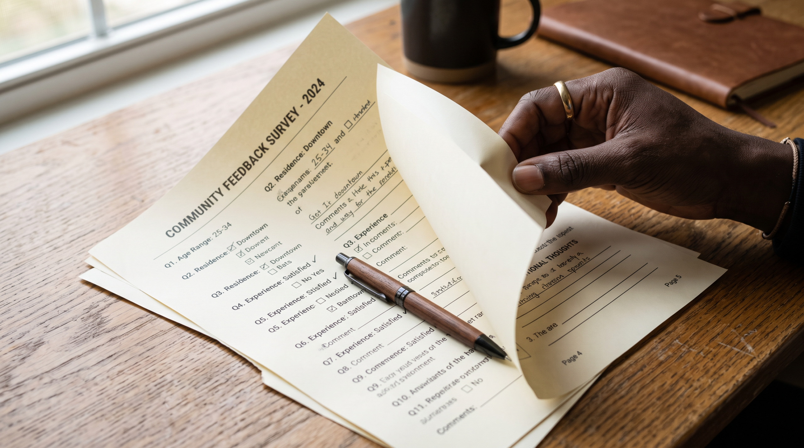 Completed paper survey questionnaire being reviewed