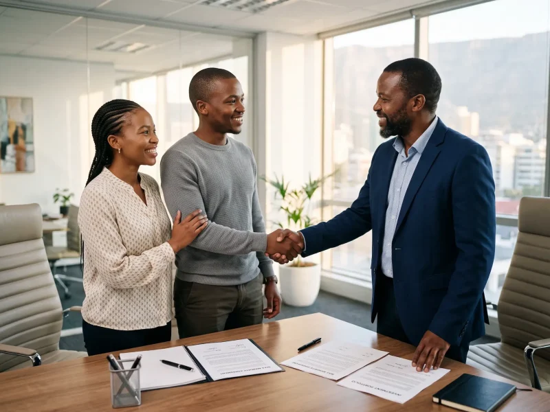 Three people are in an office. Two sit together whilst shaking hands with a man in a suit across a desk with paperwork, pens, and spectacles. Large windows show a city view outside. - Twilight Global