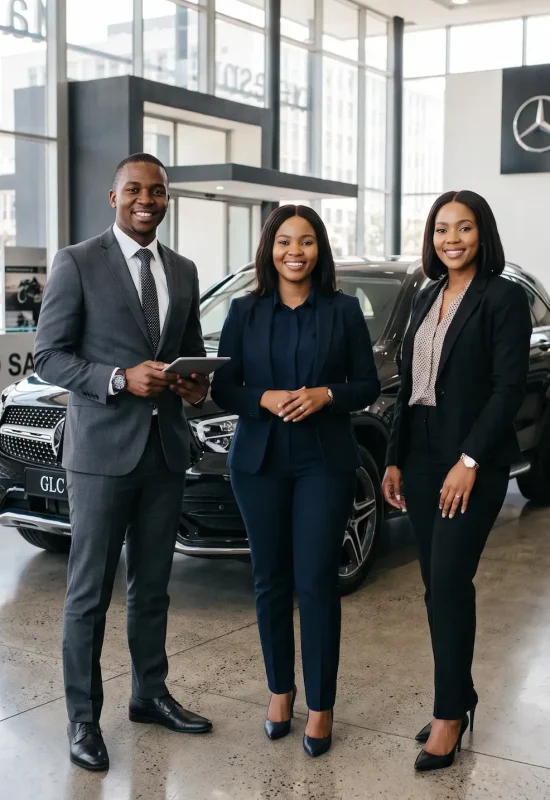 Three people in business attire stand and smile inside a Mercedes-Benz dealership showroom with cars and desks in the background. - Twilight Global