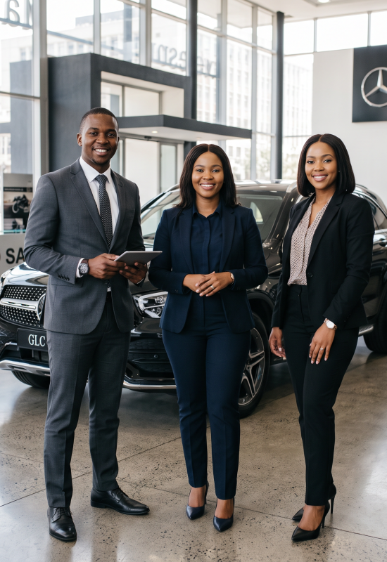Three South African sales consultants in a dealership showroom